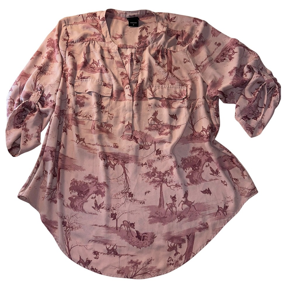Disney Bambi Toile Print Roll Tab Sleeve Blouse Mauve Pink Plus Size 2